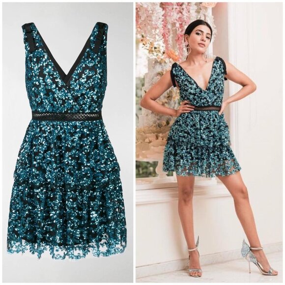 SELF-PORTRAIT openwork detail sequined flounced Tiered mini dress women’s 2 NWT - Picture 3 of 12